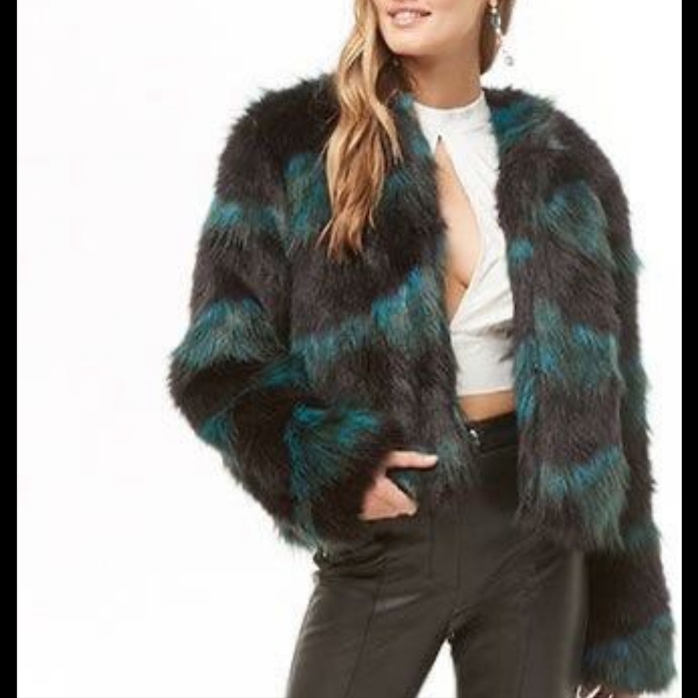 Forever 21 Black and Green Teddy Jacket Plush Faux Fur